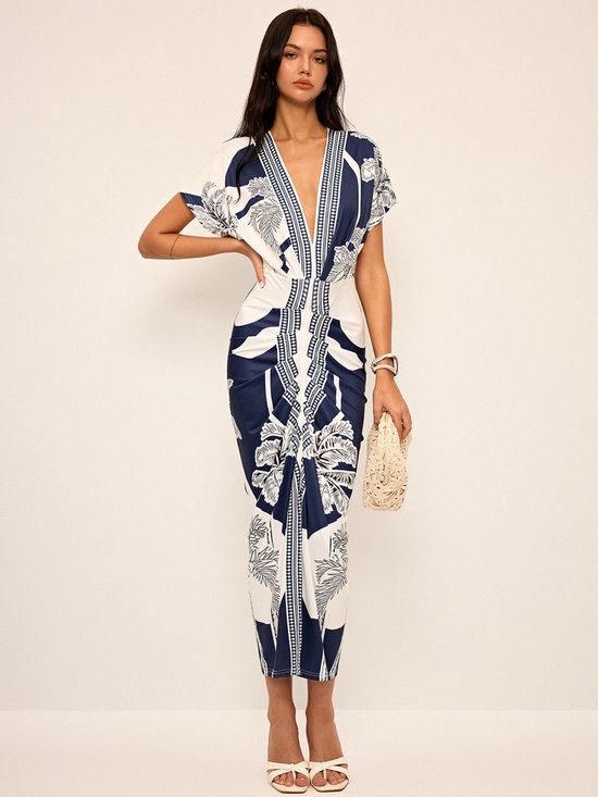 Commense Dresses & Skirts - Commense Navy and White Tropical Print V Neck Ruched Dress